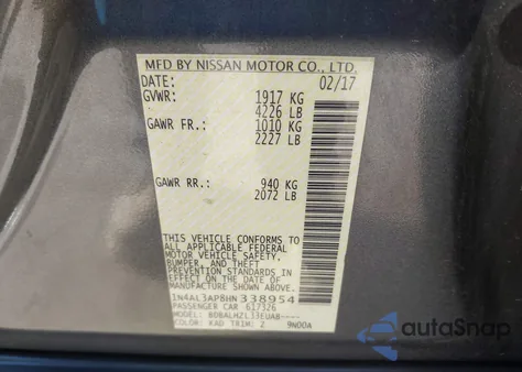 2017 Nissan Altima 2.5 Sr из США, поврежденный, VIN 1N4AL3AP8HN338954